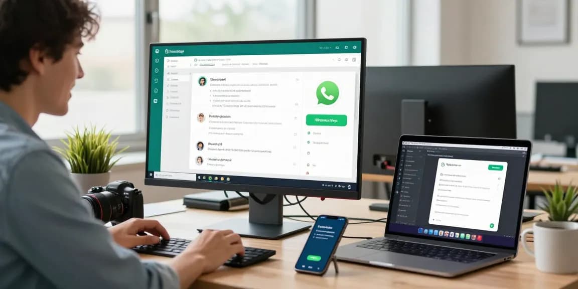 Using WhatsApp電腦版 in a modern office setup, showcasing productivity.