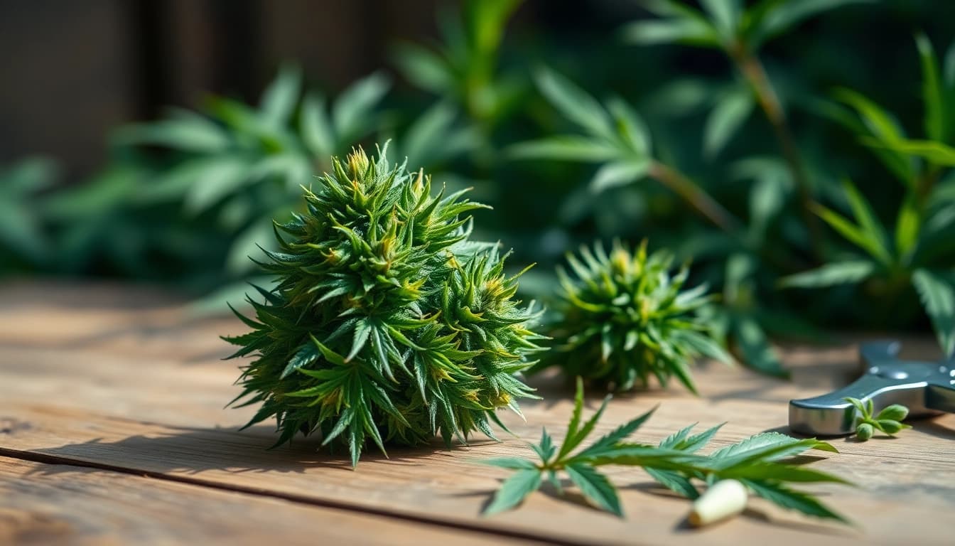 Analyze the cost for ounce of weed with vibrant buds on a rustic table, showcasing detailed textures.