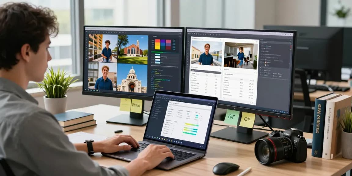 AI detector in use by analyst evaluating images on dual monitors in a modern office.