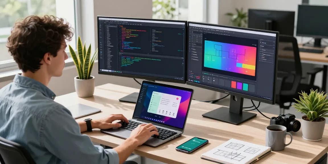 Developer working on gb whatsapp apk in a modern office environment with code on screens and design tools.