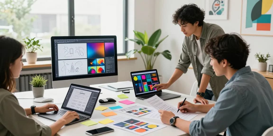 Team collaborating on a creative project using the mixboard interface in a modern workspace.