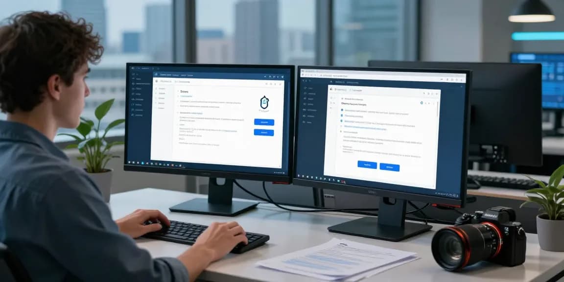 IT professional reviewing browser security checks on https://shs-dome5.com/ for secure access in a modern workspace.