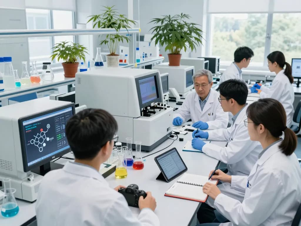 Cutting-edge EU cannabinoid manufacturer team researching cannabinoid extracts in a modern lab.