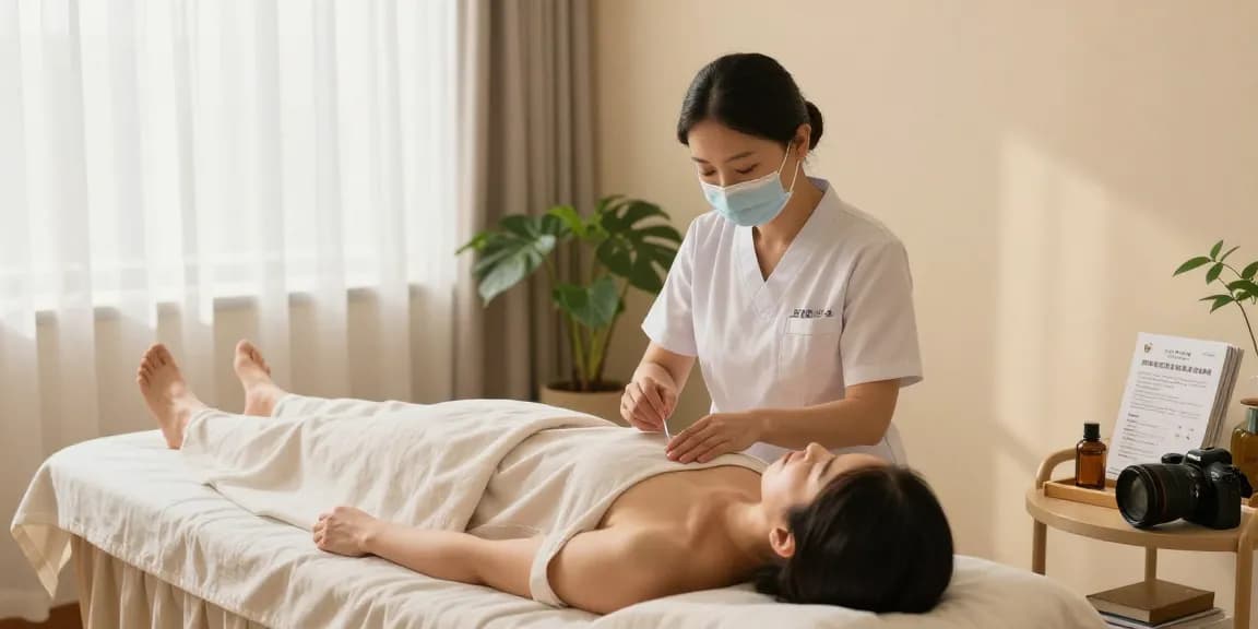 Patient receiving treatment at 영통한의원 during calming session with natural remedies.