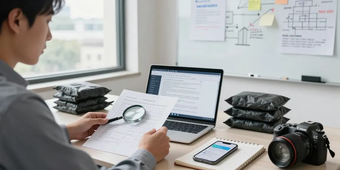 Asset tracing documents and tools in a modern office setting with investigator analyzing financial data.