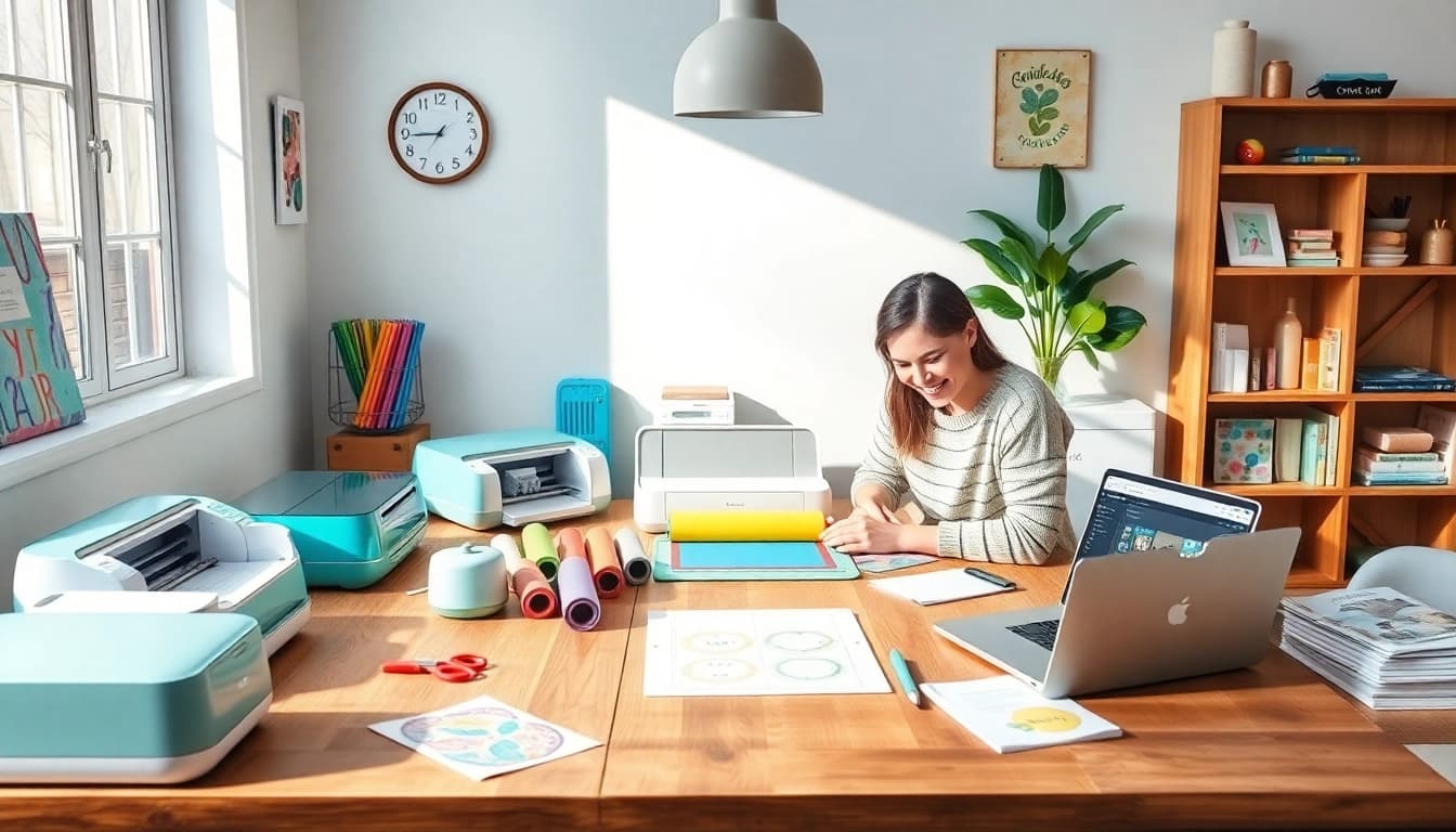 Cricut for beginners: Engaging craft space showcasing colorful materials and a beginner enthusiast creating projects.