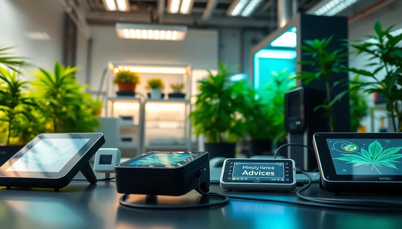 Showcase of geekthc technology in a modern cannabis lab with high-tech devices and vibrant greenery.