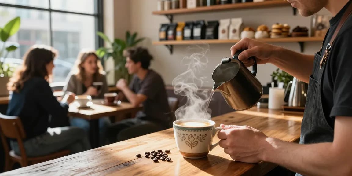 Barista preparing white coffee in a cozy coffee shop with warm ambiance.