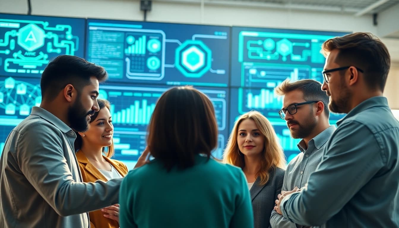 EORMC blockchain development team collaborating on AI innovations in a modern office.