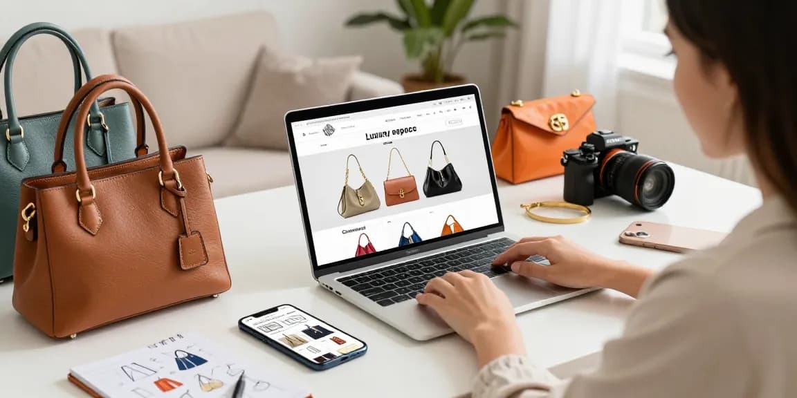 Browsing luxury 레플리카 사이트 on a laptop with stylish fashion items in a bright shopping space.