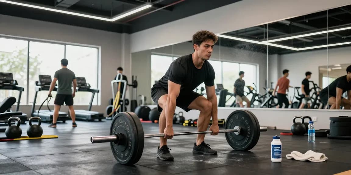 Athletic man deadlifting in gym, utilizing Deus Medical Steroids for performance.