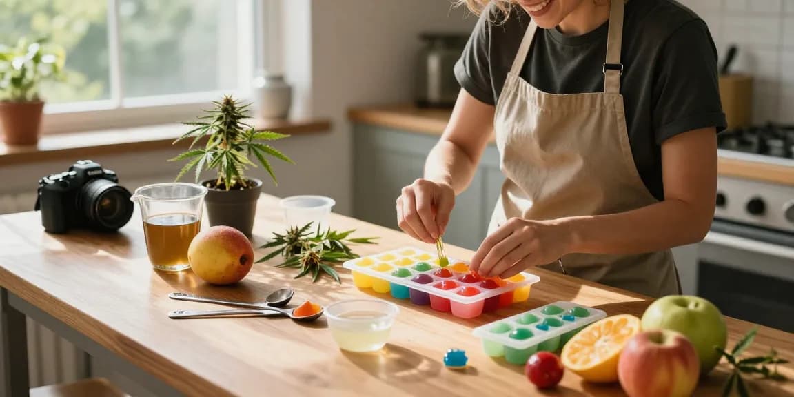 Creating homemade edibles online in a bright kitchen with vibrant ingredients.
