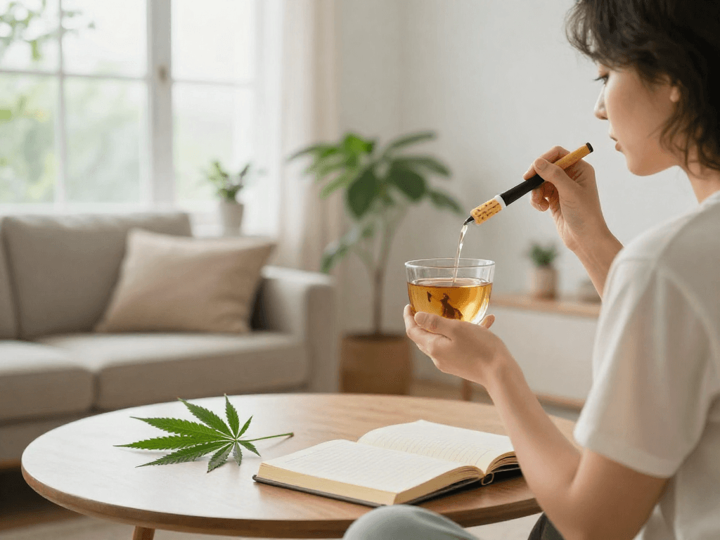 Vaping with a cookies pen alongside CBD tea in a natural wellness environment.