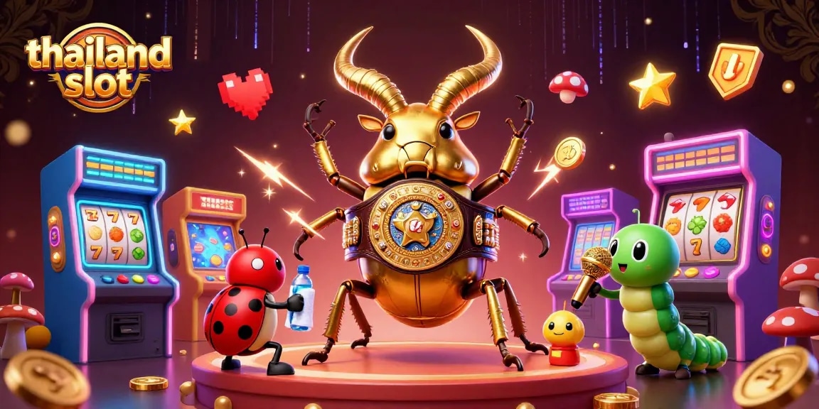 Watch the thailand slot action unfold with the giant golden stag beetle and vibrant gaming elements.