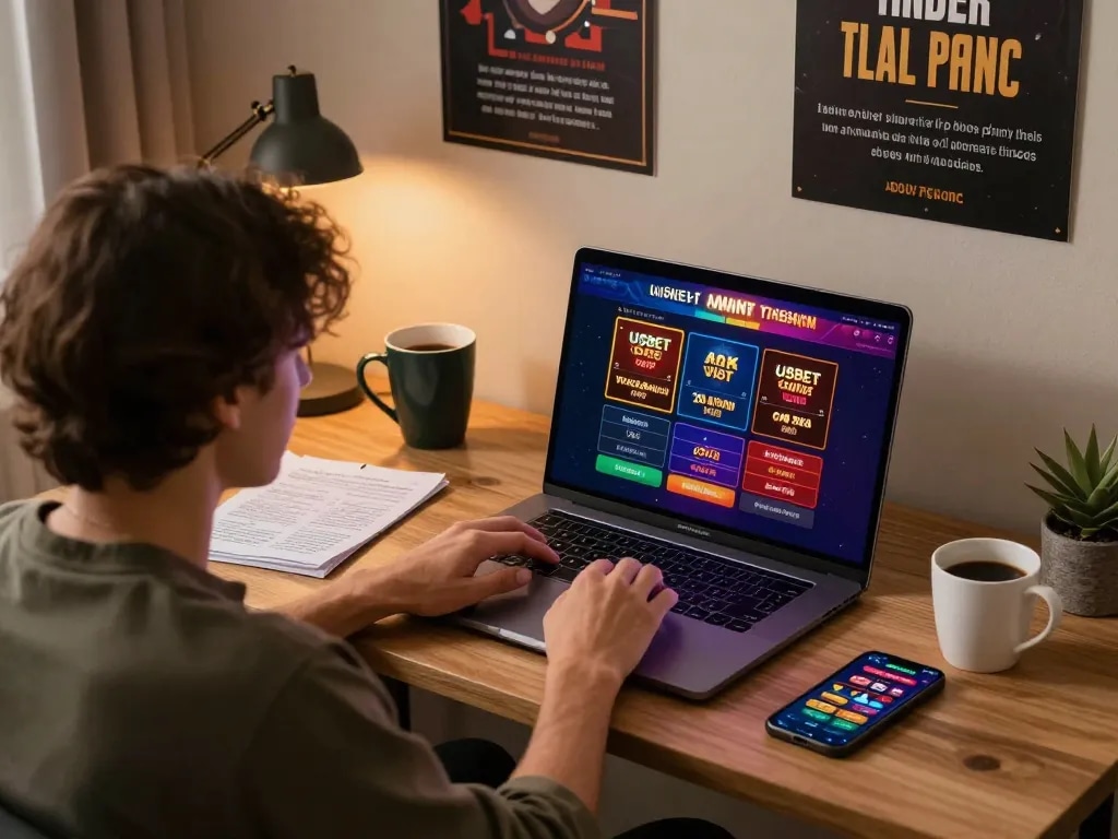 Engaging online gaming scene with USBET interface on laptop showcasing responsible gaming.