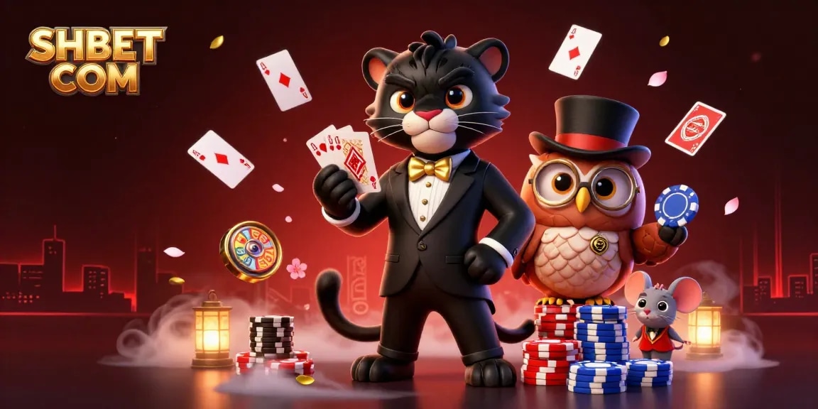 Experience gameplay thrills with SHBET COM featuring a 3D panther dealer and vibrant casino elements.