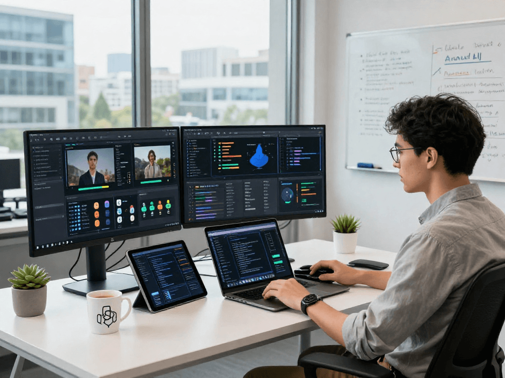Detect AI image at a high-tech workspace analyzing AI-generated content.