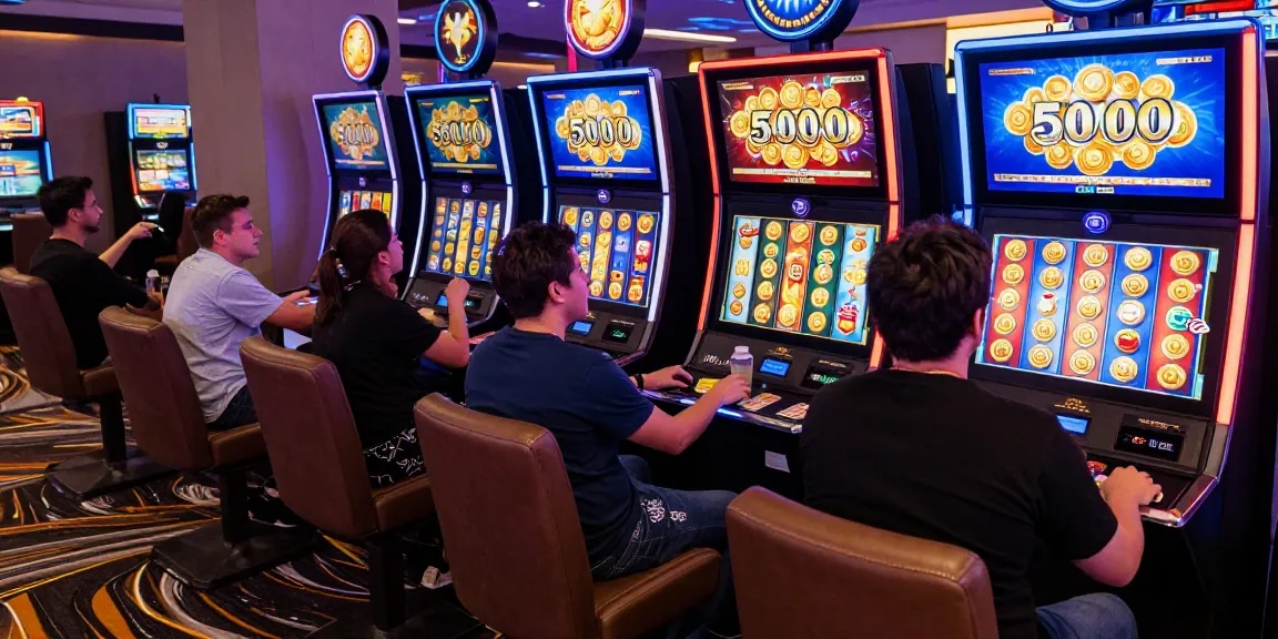 Exciting gaming scene featuring players enjoying slot depo 5000 games with vibrant screens and lively atmosphere