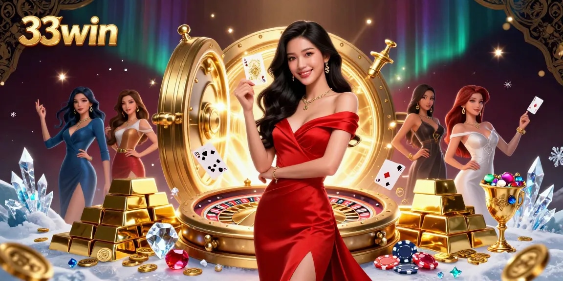 Engage in thrilling gaming experiences at 33win, featuring an elegant woman by a golden roulette wheel surrounded by treasure.