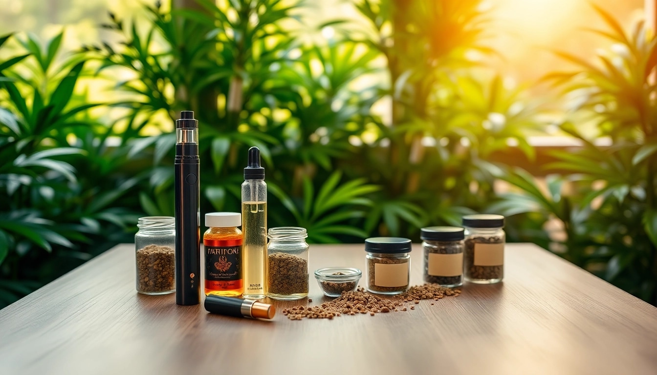 THC VAPE in a stylish setup with herbal elements and vibrant liquids.