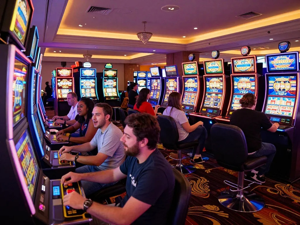 Exciting engagement at slot machines in a lively casino setting showing player interactions, highlighting https://s8inc.com/ for thrilling gaming adventures.