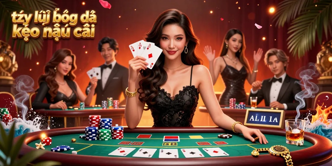 Experience the thrilling tỷ lệ bóng đá kèo nhà cái with a mysterious Asian woman holding playing cards in a vibrant casino scene.