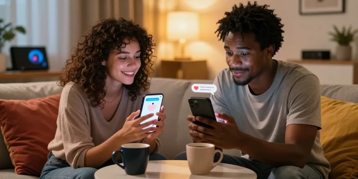 Couple enjoying a romantic chat through a sex AI chat interface in a cozy home setting.
