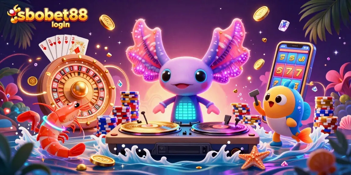 Engage with sbobet88 login at a vibrant underwater casino with a DJ and colorful characters.