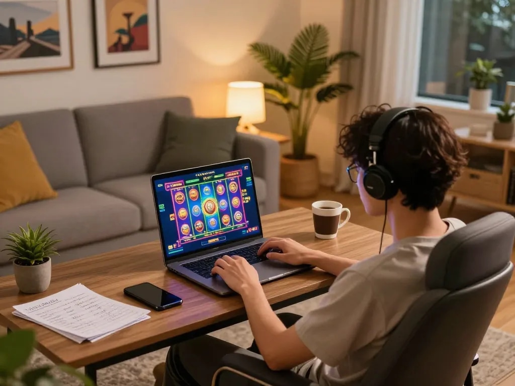 Player engages with slot 10 ribu on laptop in cozy gaming setup, highlighting strategy and enjoyment.