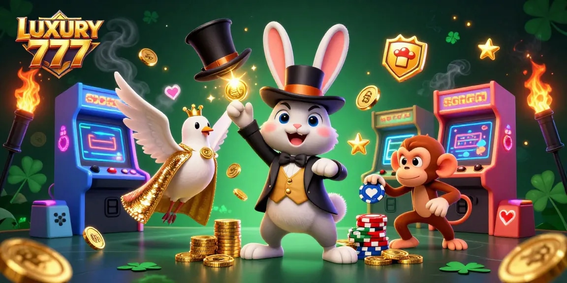 Menangkan jackpot di LUXURY 777 dengan pencuri monyet yang mencuri chip poker dalam suasana kasino yang meriah.