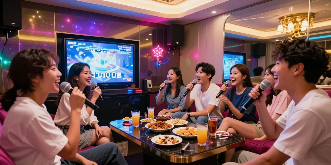제주유흥에서 친구들과 함께 즐거운 노래를 부르고 있는 모습