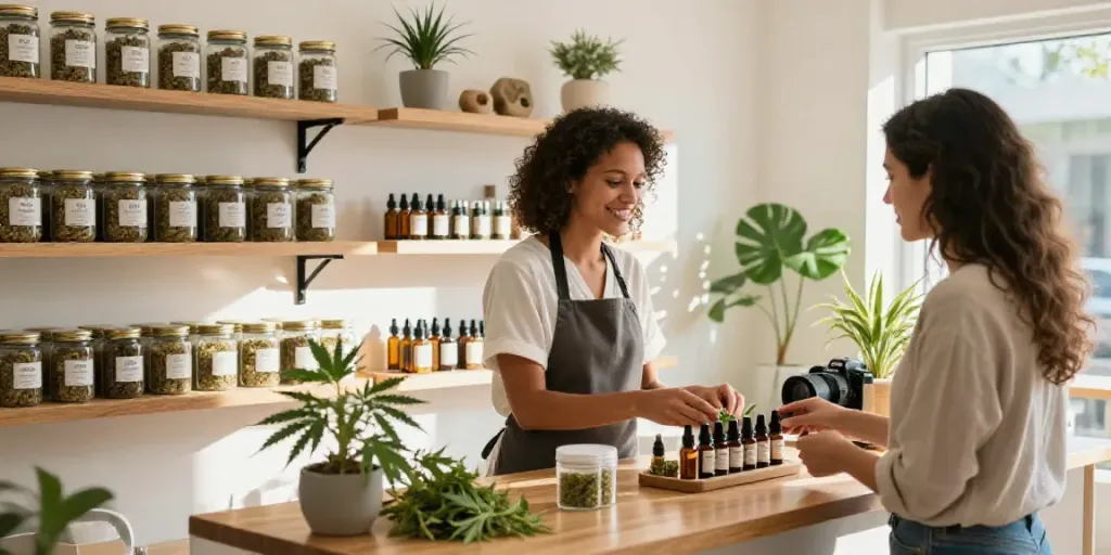 CBD Blüten kaufen in a warm and inviting store with premium flower jars and welcoming staff.