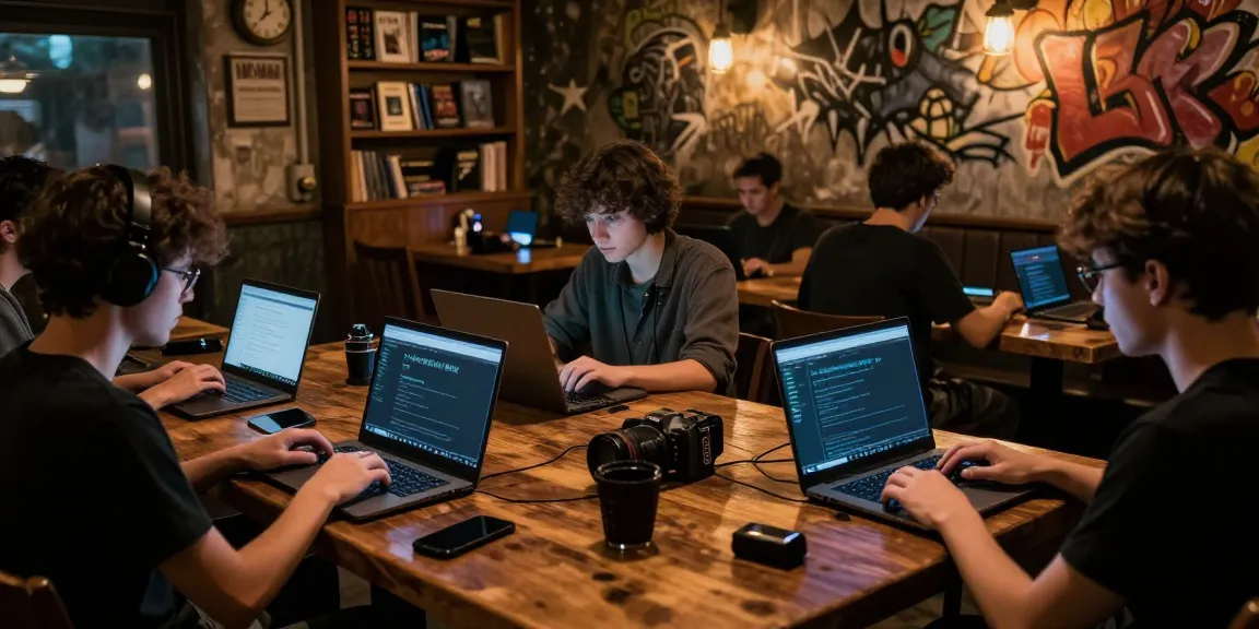 Exploring the hidden wiki dark web in a dim internet café filled with tech enthusiasts.