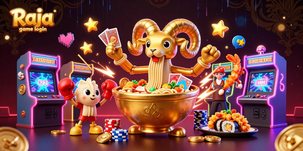 Action-packed scene showcasing Raja game login with a giant ramen bowl character and casino-themed elements.