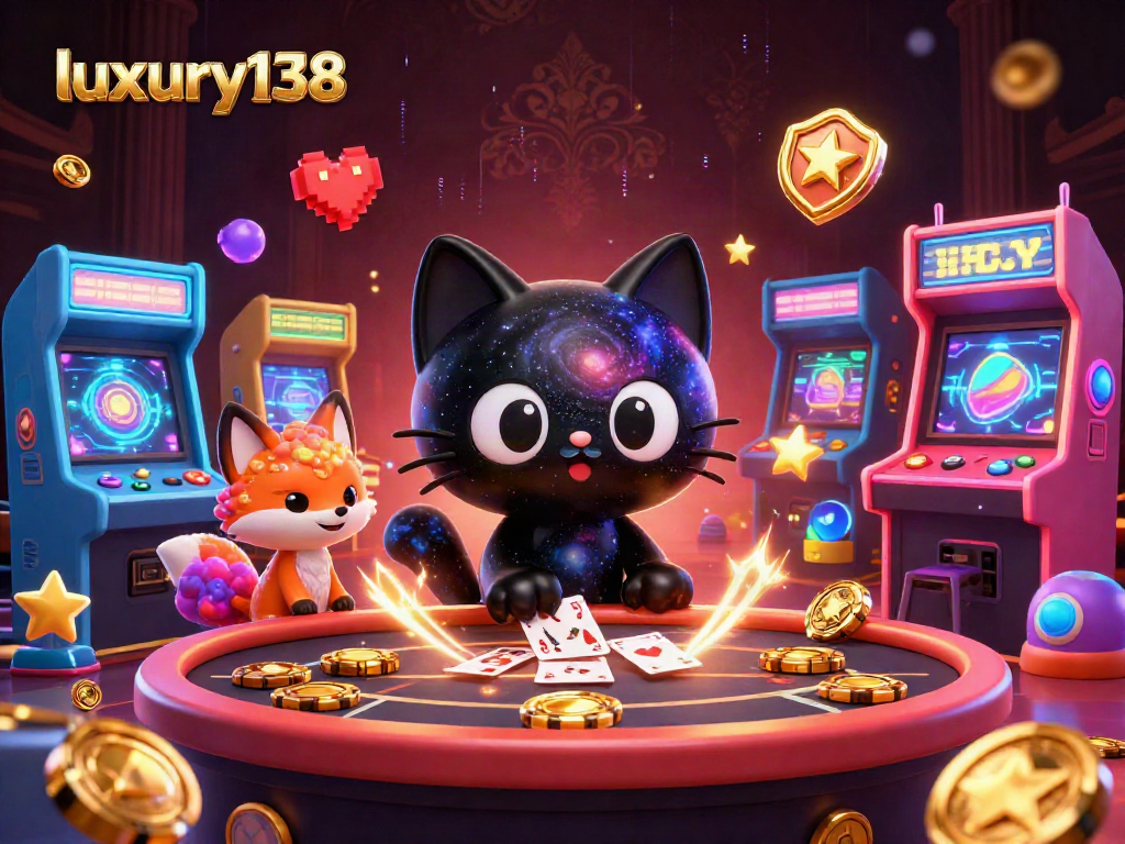 Permainan taruhan menarik di luxury138 dengan kucing hitam 3D dan fox nebula mengelilingi mesin arcade.