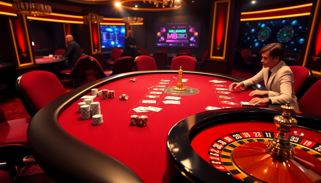 MM88 gaming excitement at a casino table with professional players and vibrant chips.