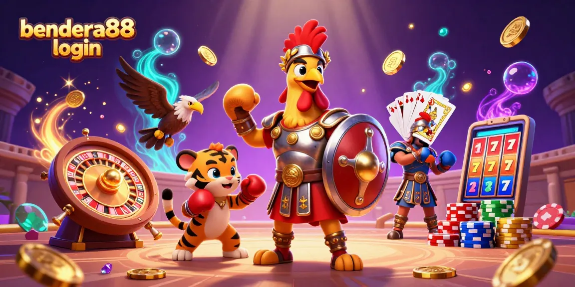 Gambarkan aksi pendaftaran 'bendera88 login' dengan ilustrasi roaster gladiator dalam arena perjudian.