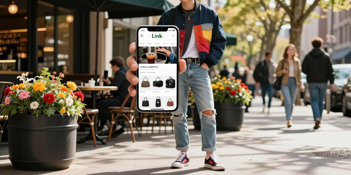Gaya hidup urban dengan seseorang memegang smartphone yang menampilkan Link LUXURY111 di depan kafe modis.