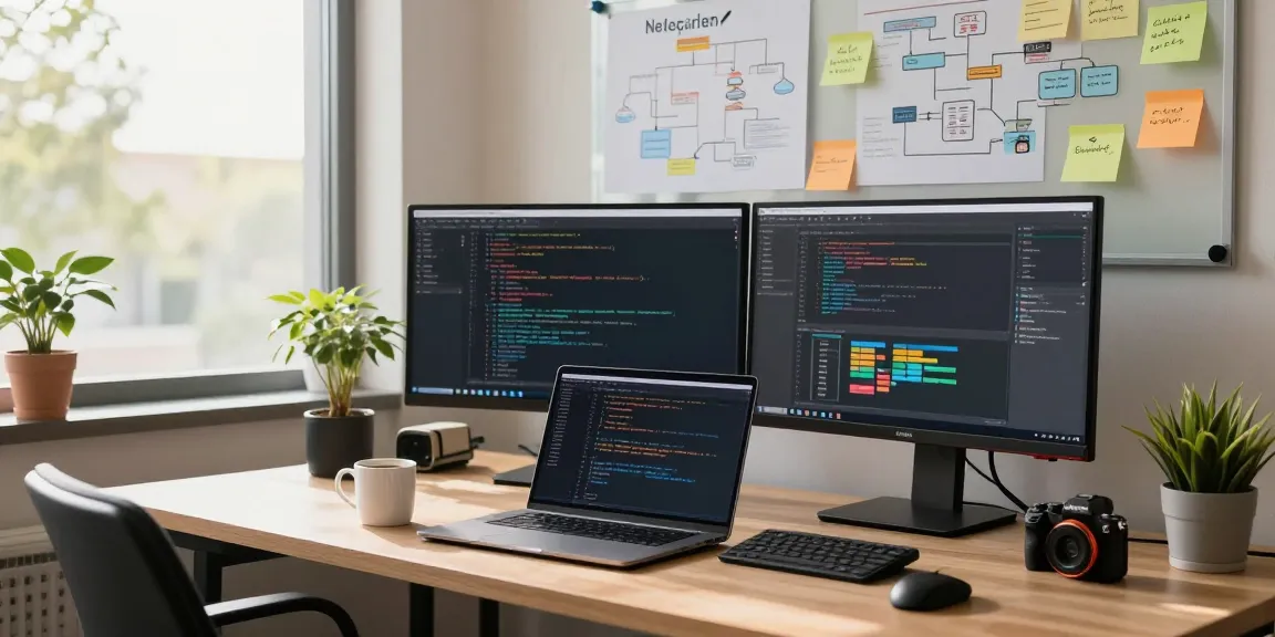 Developer coding telegram中文版下载 on multiple monitors in a modern workspace.