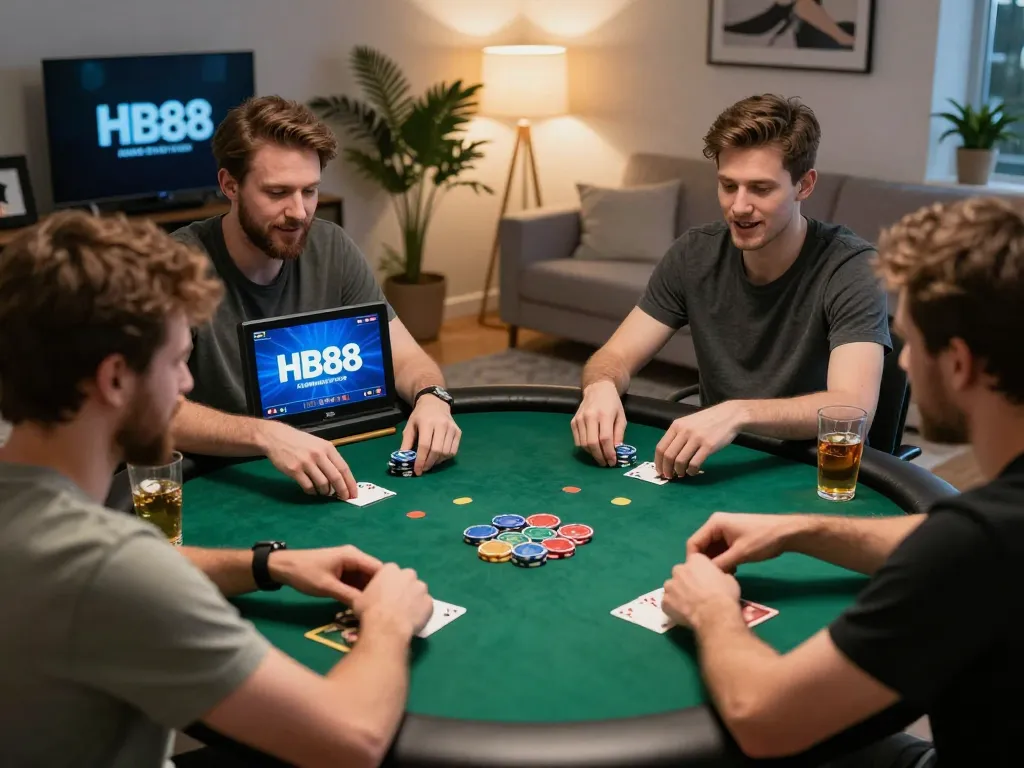 Players engaging in thrilling poker games at HB88 online casino, showcasing excitement and strategy in a cozy home environment.