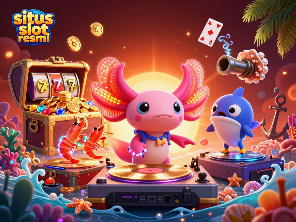 Spin to win at situs slot resmi featuring vibrant underwater scene with a neon DJ and dancing sea creatures.