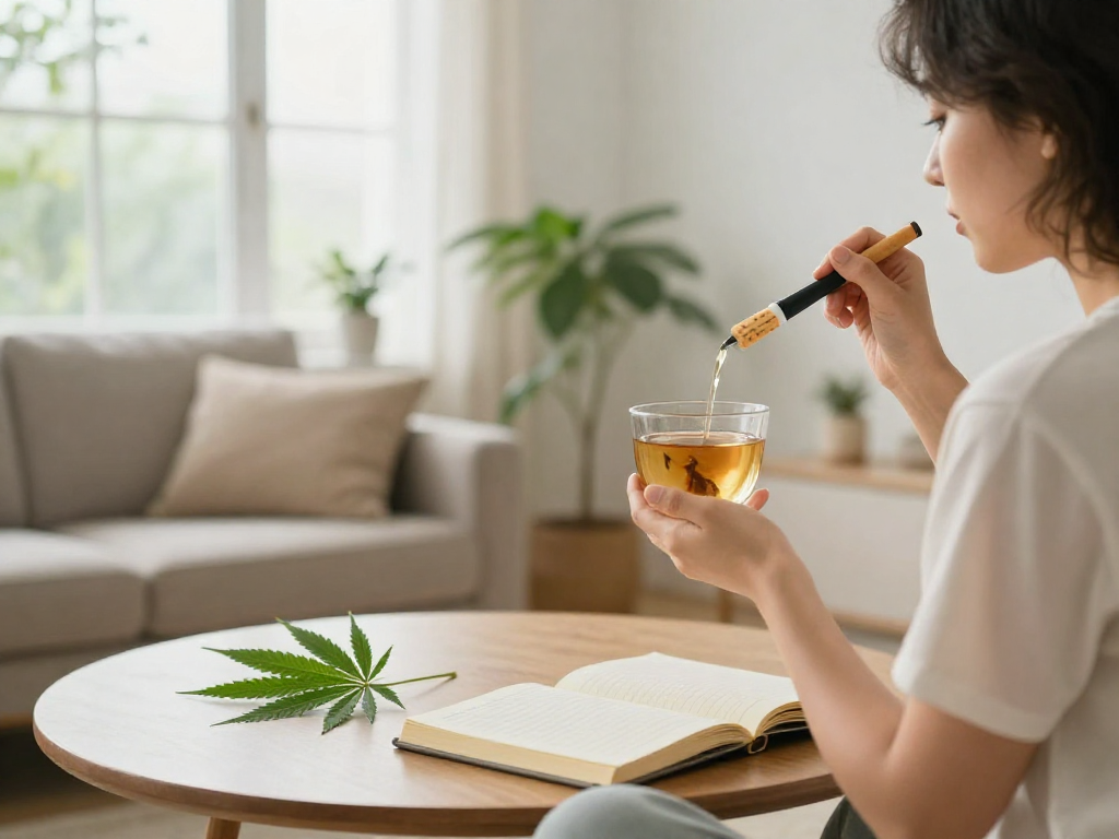 Vaping with a cookies pen alongside CBD tea in a natural wellness environment.