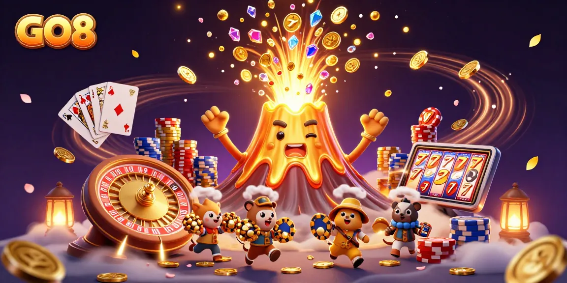 GO8 casino illustration showcasing a triumphant volcano erupting with treasure during a thrilling gambling scene.
