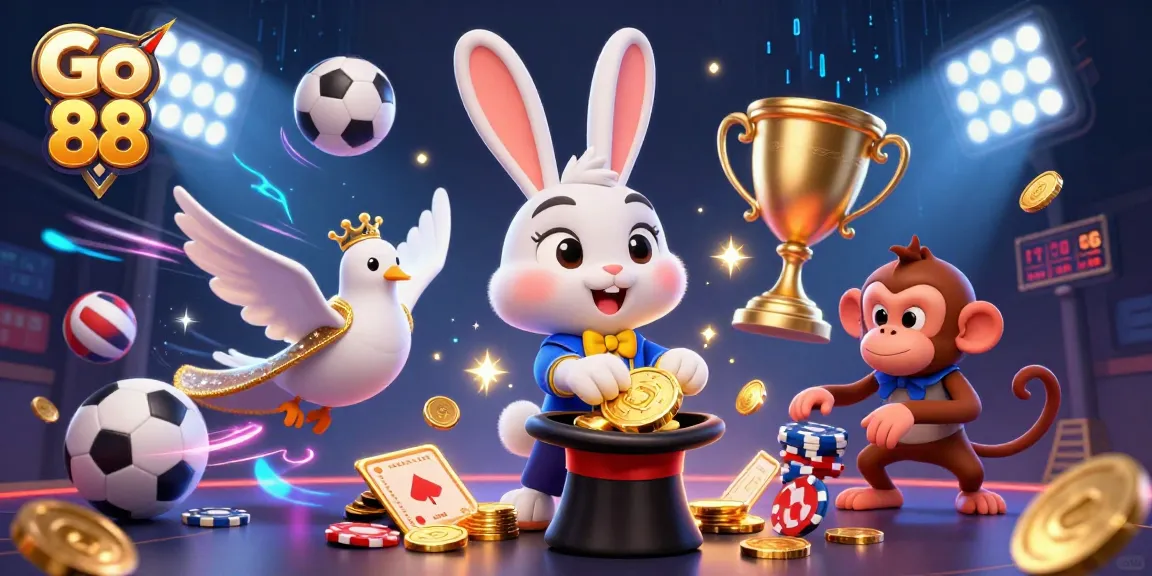 Experience the thrill of Go 88 with a vibrant illustration featuring a magician rabbit, coins, and sports elements.
