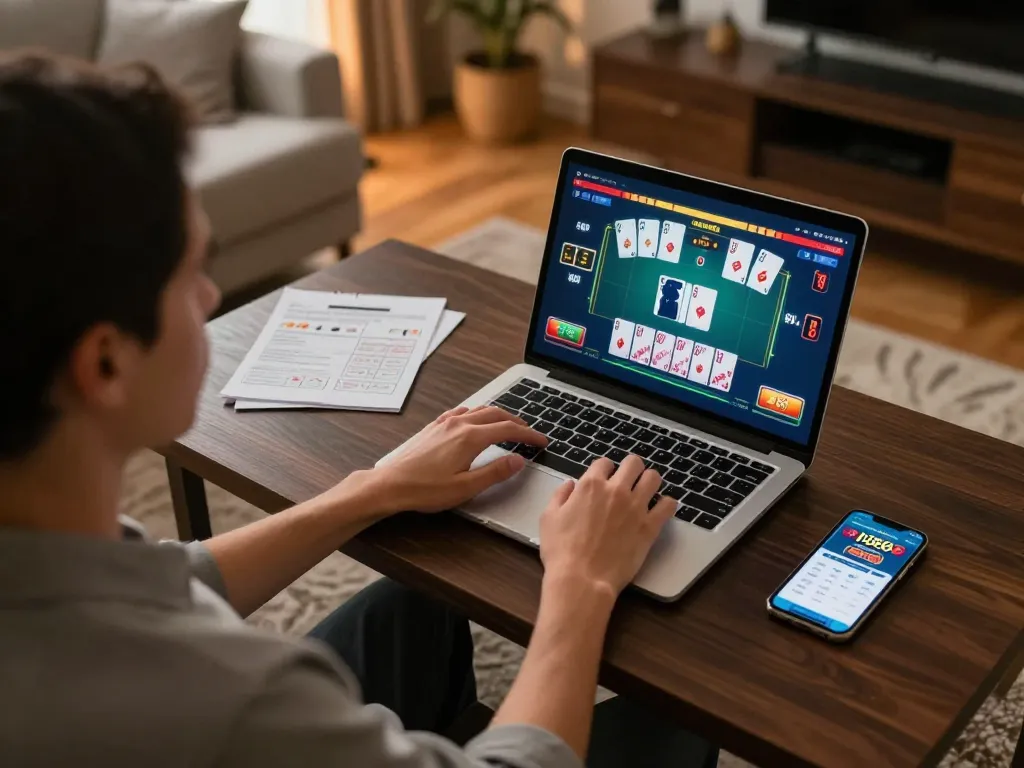Playing blackjack on a laptop at home with bj886 app open, immersive online gaming experience