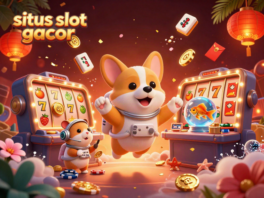 Engage with situs slot gacor in this vibrant space casino scene featuring a corgi and mission-control elements.