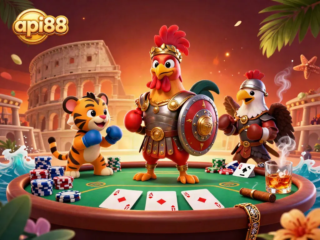 Engage in thrilling poker action with api88's vibrant casino illustration featuring a rooster gladiator.