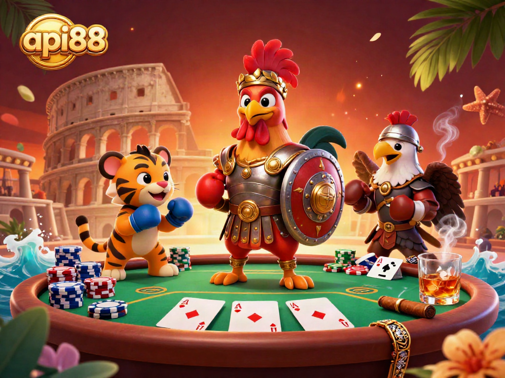 Engage in thrilling poker action with api88's vibrant casino illustration featuring a rooster gladiator.