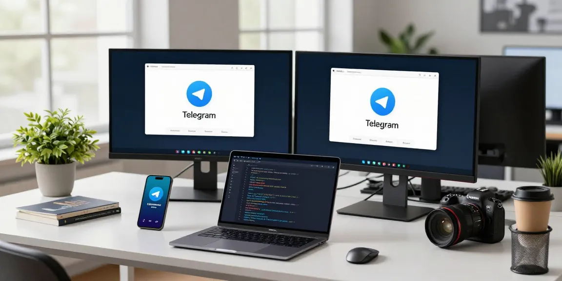 Professional workspace showing developer coding the Telegram app for telegram中文版下载 with dual monitors.