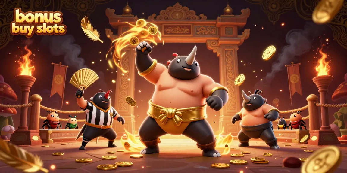 Experience thrilling bonus buy slots with vibrant 3D illustration of lively characters and dynamic casino elements.